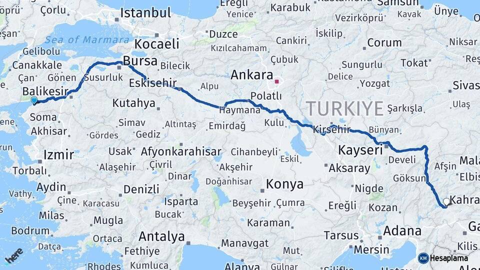 Balıkesir Burhaniye Kahramanmaraş Arası Kaç Km - Yol Haritası