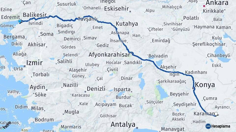 Balıkesir Burhaniye Karaman Arası Kaç Km - Yol Haritası