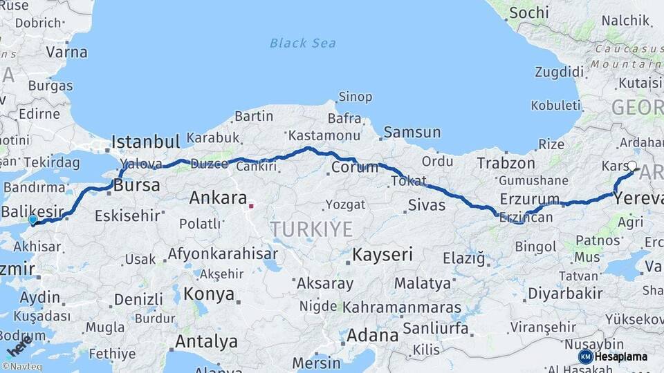 Balıkesir Burhaniye Kars Arası Kaç Km - Yol Haritası