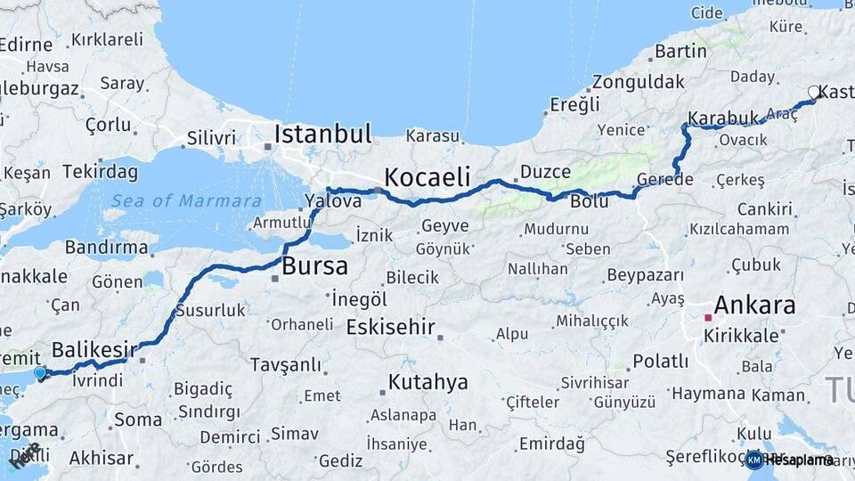 Balıkesir Burhaniye Kastamonu Arası Kaç Km - Yol Haritası