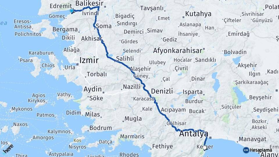 Balıkesir Burhaniye Kemer Antalya Arası Kaç Km - Yol Haritası