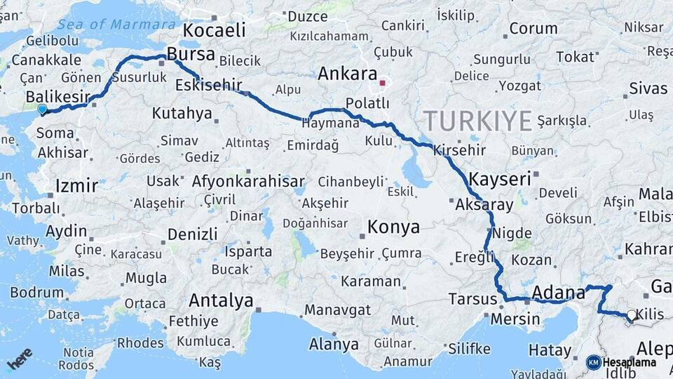Balıkesir Burhaniye Kilis Arası Kaç Km - Yol Haritası