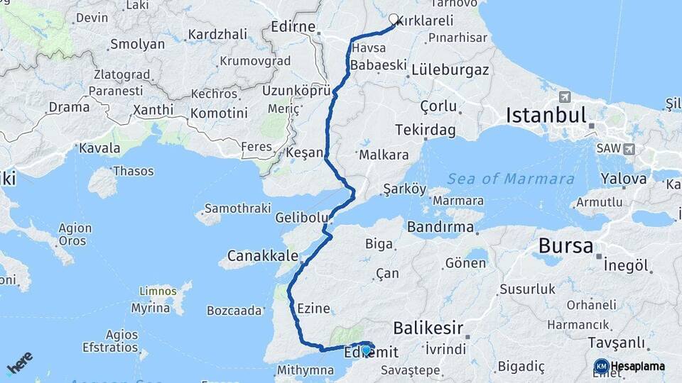 Balıkesir Burhaniye Kırklareli Arası Kaç Km - Yol Haritası