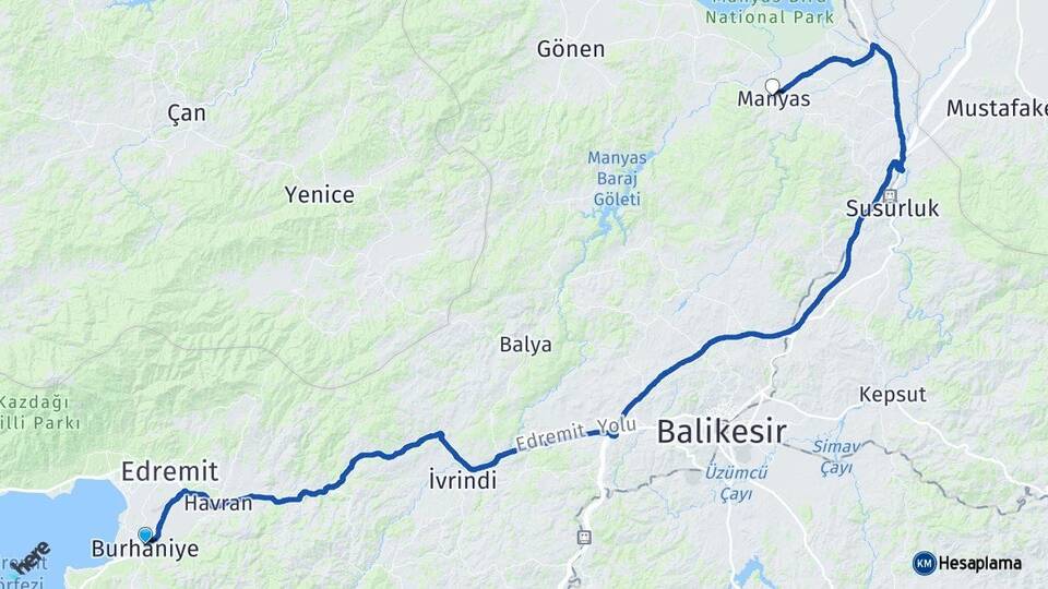 Balıkesir Burhaniye Manyas Arası Kaç Km - Yol Haritası