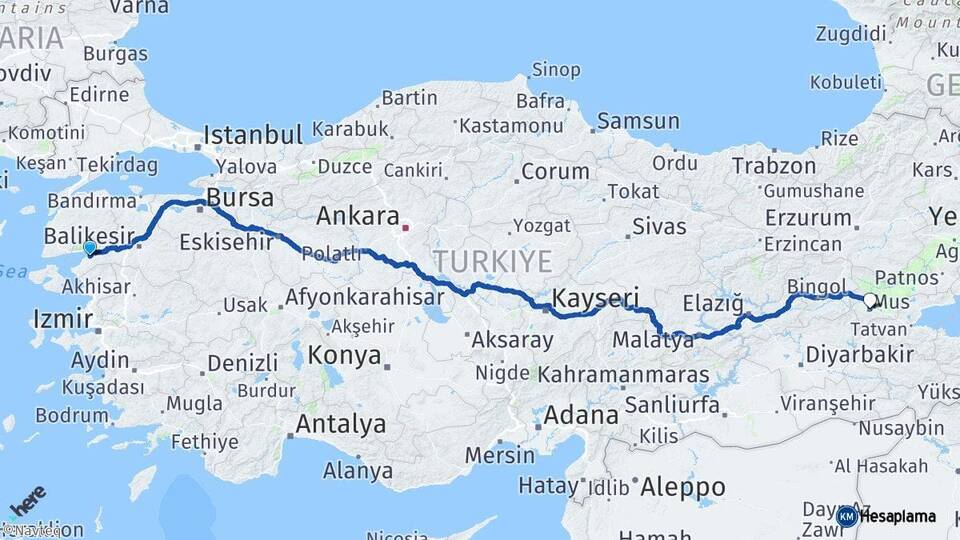 Balıkesir Burhaniye Muş Arası Kaç Km - Yol Haritası