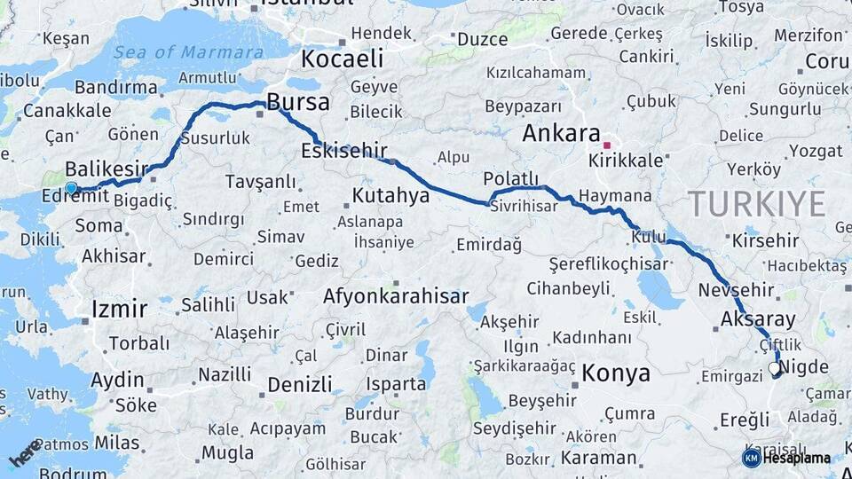 Balıkesir Burhaniye Niğde Arası Kaç Km - Yol Haritası