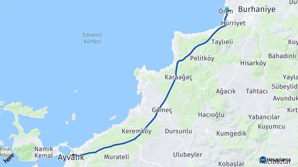 Balıkesir Burhaniye Ören Ayvalık Arası Kaç Km - Yol Haritası