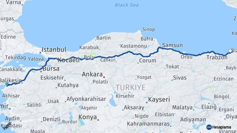 Balıkesir Burhaniye Rize Arası Kaç Km - Yol Haritası