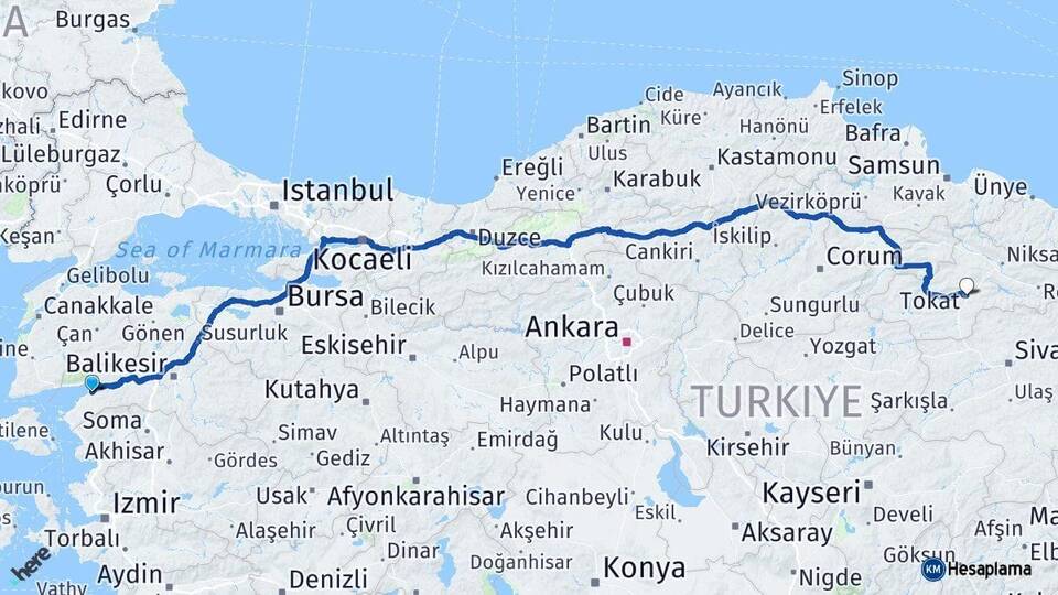 Balıkesir Burhaniye Tokat Arası Kaç Km - Yol Haritası