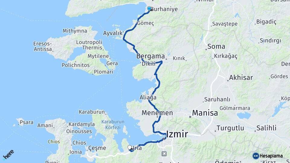 Balıkesir Burhaniye Urla İzmir Arası Kaç Km - Yol Haritası