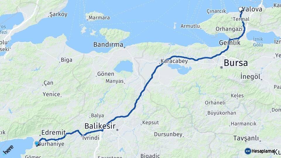 Balıkesir Burhaniye Yalova Arası Kaç Km - Yol Haritası