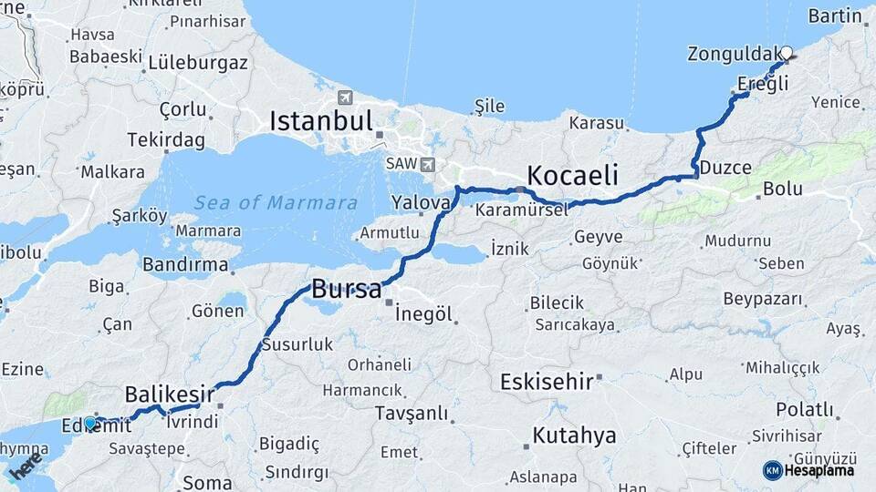Balıkesir Burhaniye Zonguldak Arası Kaç Km - Yol Haritası
