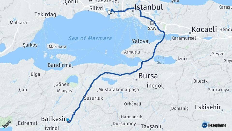 Balıkesir Büyükçekmece İstanbul Arası Kaç Km - Yol Haritası