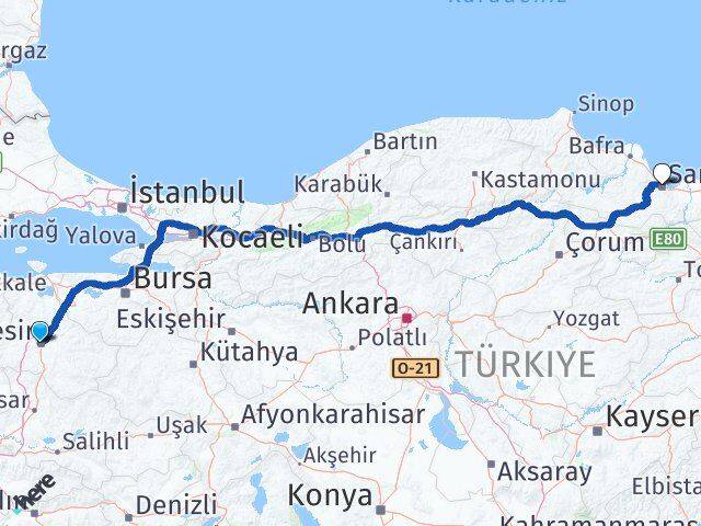 Balıkesir Canik Samsun Arası Kaç Km - Yol Haritası