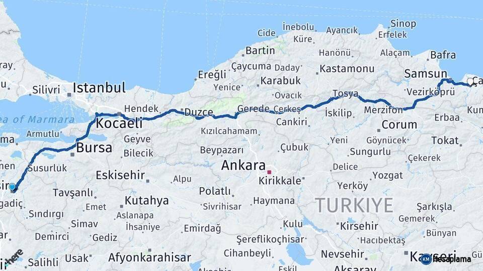 Balıkesir Çarşamba Samsun Arası Kaç Km - Yol Haritası