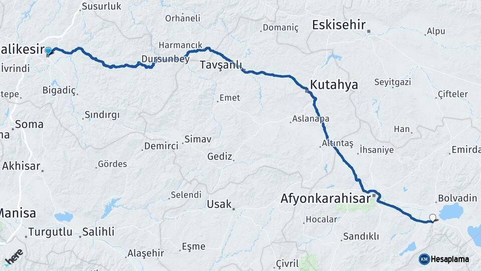 Balıkesir Çay Afyonkarahisar Arası Kaç Km - Yol Haritası