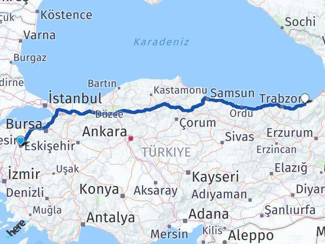 Balıkesir Çayeli Rize Arası Kaç Km - Yol Haritası