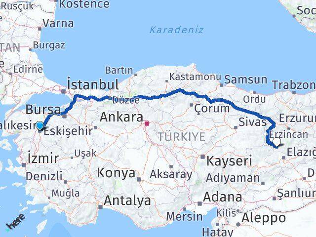 Balıkesir Çemişgezek Tunceli Arası Kaç Km - Yol Haritası