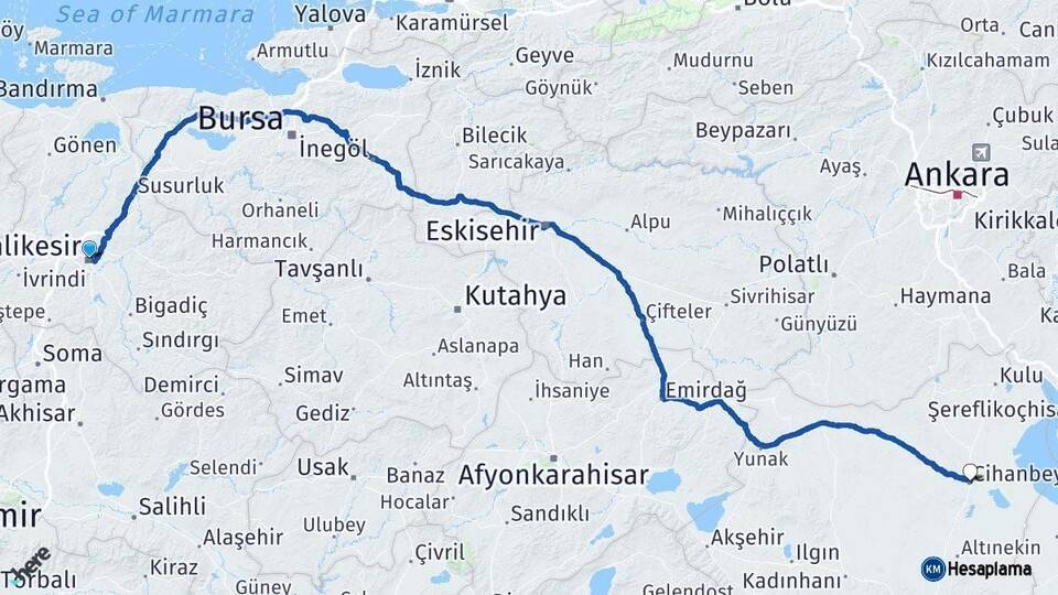 Balıkesir Cihanbeyli Konya Arası Kaç Km - Yol Haritası
