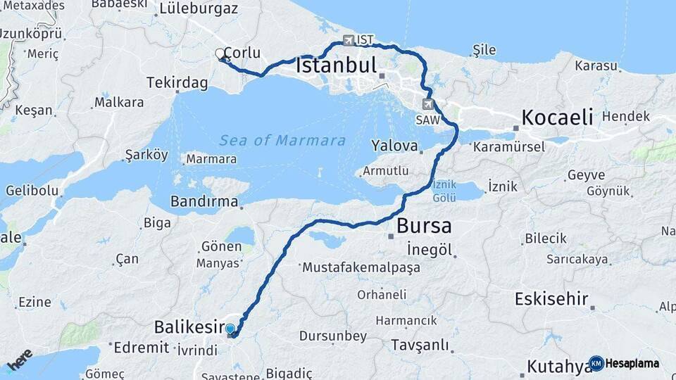 Balıkesir Çorlu Tekirdağ Arası Kaç Km - Yol Haritası