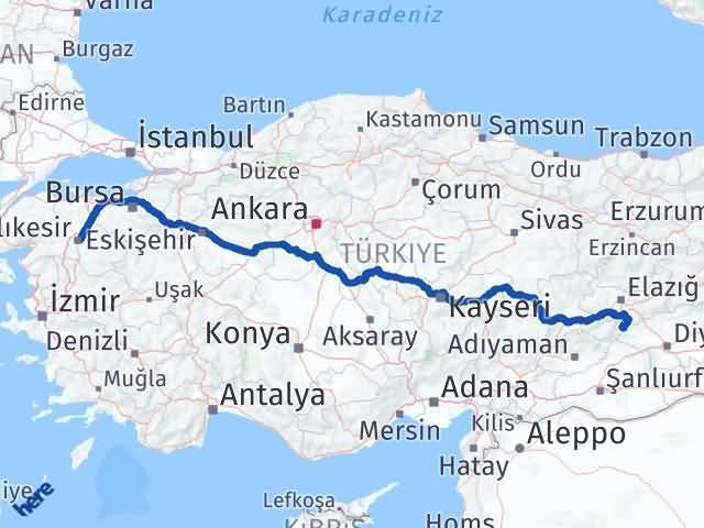 Balıkesir Çüngüş Diyarbakır Arası Kaç Km - Yol Haritası