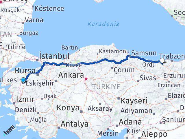 Balıkesir Doğankent Giresun Arası Kaç Km - Yol Haritası