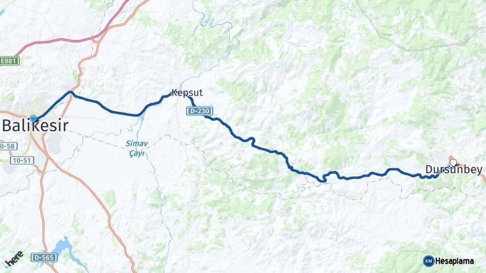 Balıkesir Dursunbey Arası Kaç Km - Yol Haritası