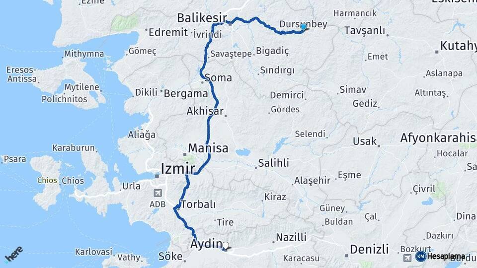 Balıkesir Dursunbey Aydın Arası Kaç Km - Yol Haritası