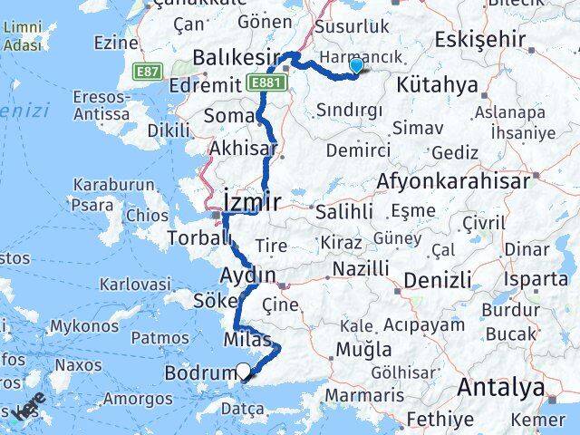 Balıkesir Dursunbey Bodrum Muğla Arası Kaç Km - Yol Haritası