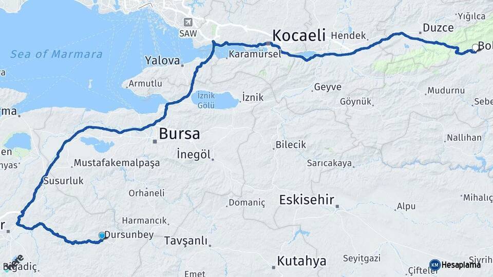 Balıkesir Dursunbey Bolu Arası Kaç Km - Yol Haritası