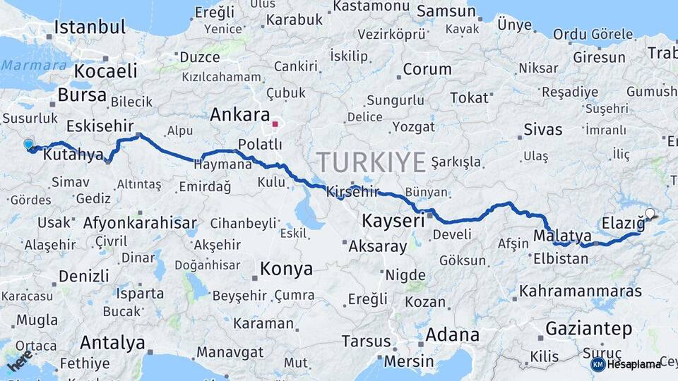 Balıkesir Dursunbey Elazığ Arası Kaç Km - Yol Haritası