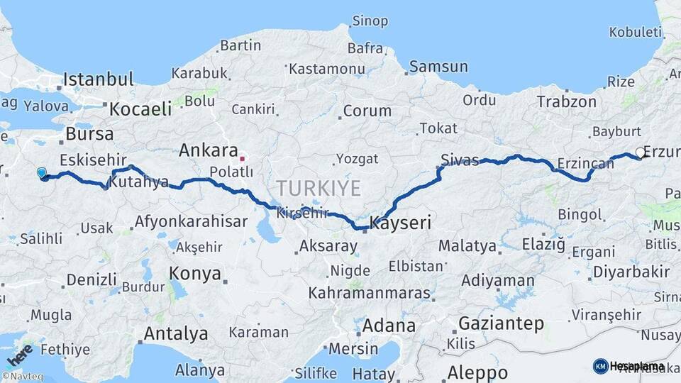 Balıkesir Dursunbey Erzurum Arası Kaç Km - Yol Haritası