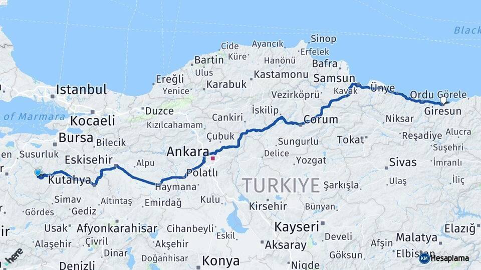 Balıkesir Dursunbey Giresun Arası Kaç Km - Yol Haritası