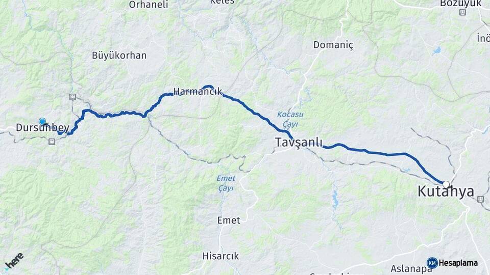 Balıkesir Dursunbey Kütahya Arası Kaç Km - Yol Haritası