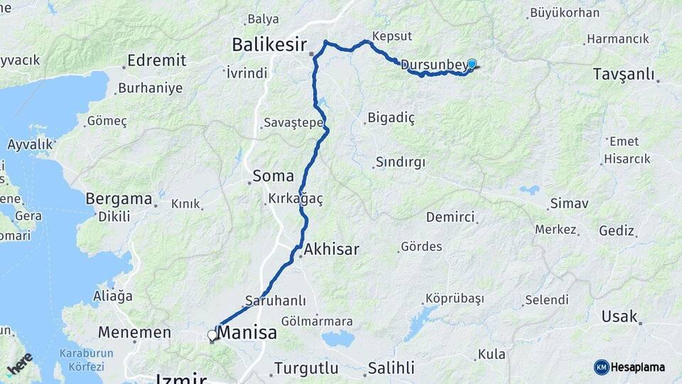 Balıkesir Dursunbey Manisa Arası Kaç Km - Yol Haritası