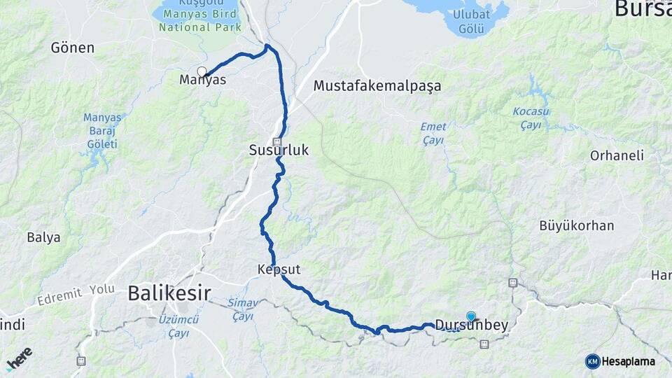 Balıkesir Dursunbey Manyas Arası Kaç Km - Yol Haritası