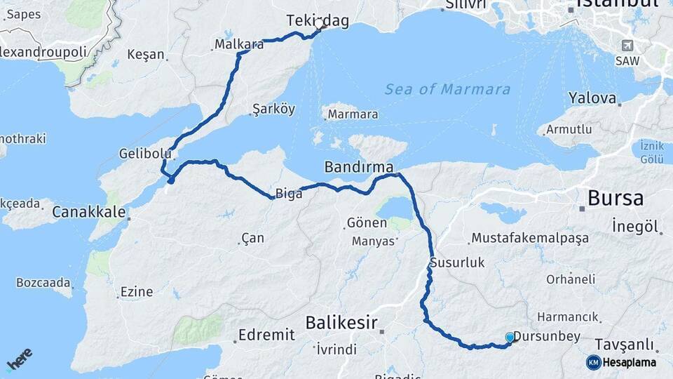 Balıkesir Dursunbey Tekirdağ Arası Kaç Km - Yol Haritası