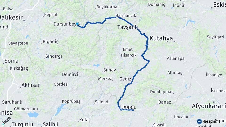 Balıkesir Dursunbey Uşak Arası Kaç Km - Yol Haritası