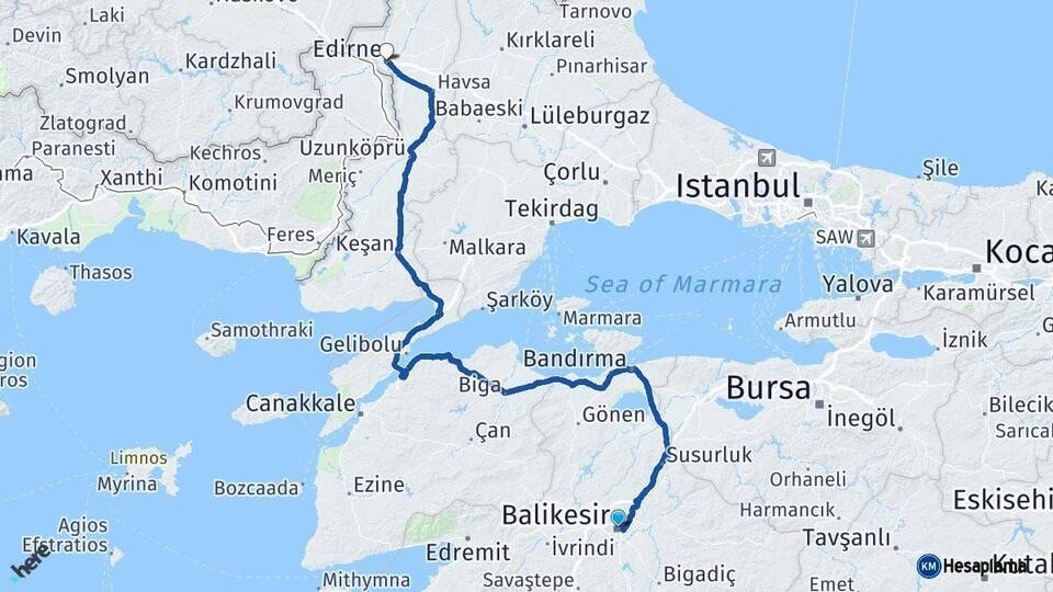 Balıkesir Edirne Arası Kaç Km - Yol Haritası