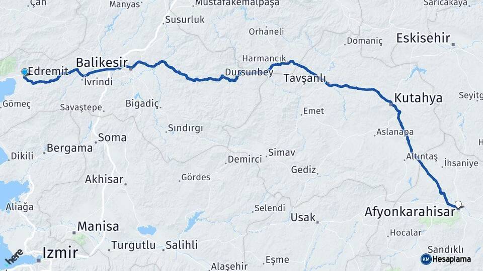 Balıkesir Edremit Afyonkarahisar Arası Kaç Km - Yol Haritası