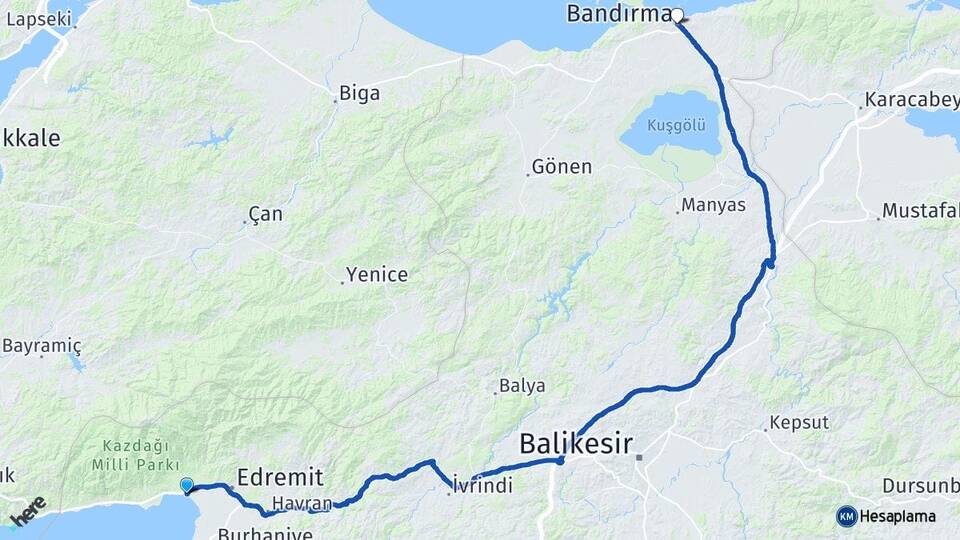 Balıkesir Edremit Akçay Bandırma Arası Kaç Km - Yol Haritası