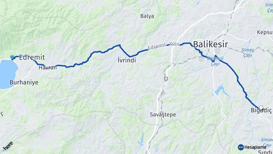 Balıkesir Edremit Akçay Bigadiç Arası Kaç Km - Yol Haritası