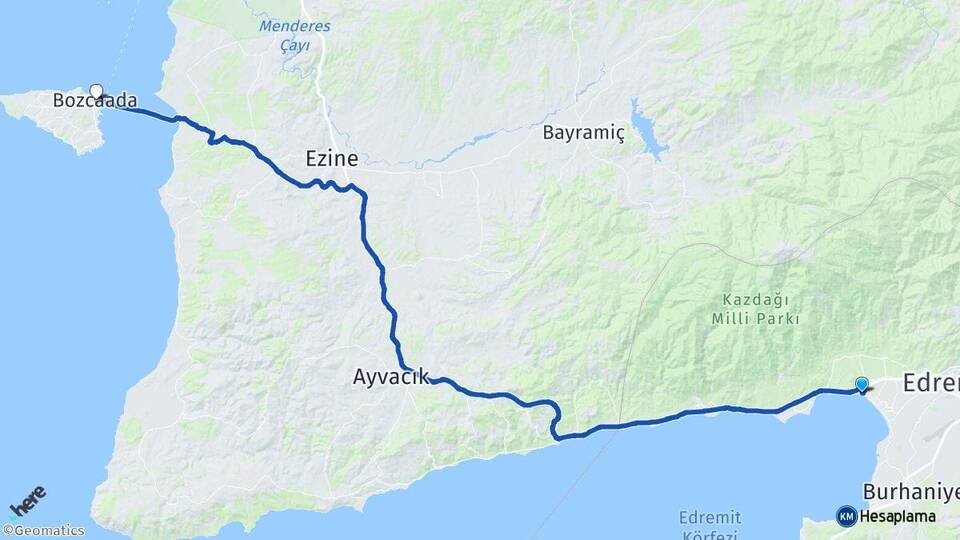 Balıkesir Edremit Akçay Bozcaada Çanakkale Arası Kaç Km - Yol Haritası