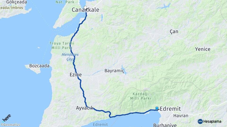 Balıkesir Edremit Akçay Çanakkale Arası Kaç Km - Yol Haritası