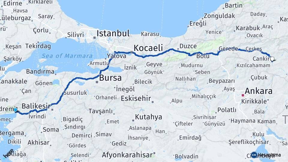 Balıkesir Edremit Akçay Çankırı Arası Kaç Km - Yol Haritası
