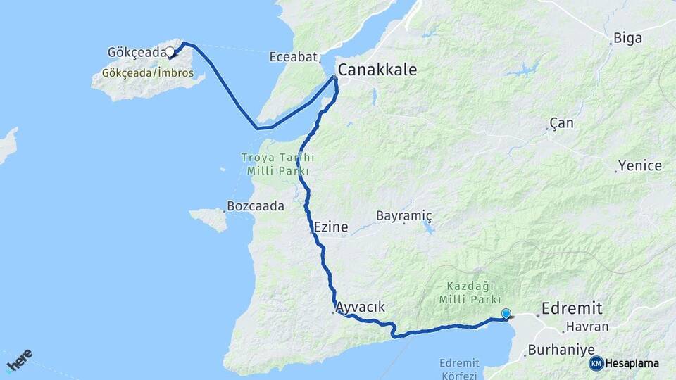 Balıkesir Edremit Akçay Gökçeada Çanakkale Arası Kaç Km - Yol Haritası