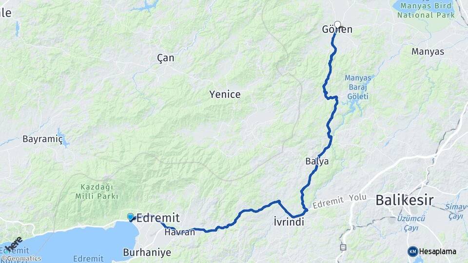 Balıkesir Edremit Akçay Gönen Arası Kaç Km - Yol Haritası