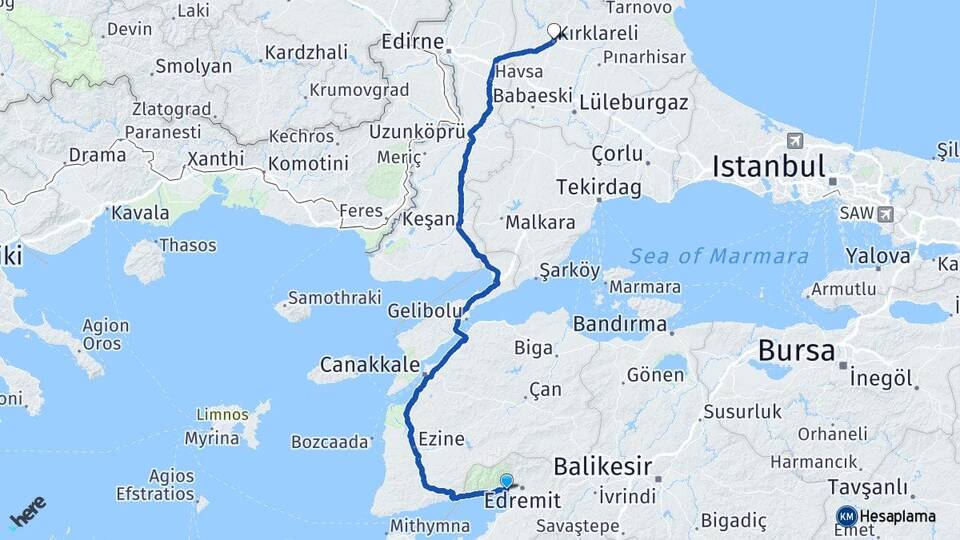 Balıkesir Edremit Akçay Kırklareli Arası Kaç Km - Yol Haritası