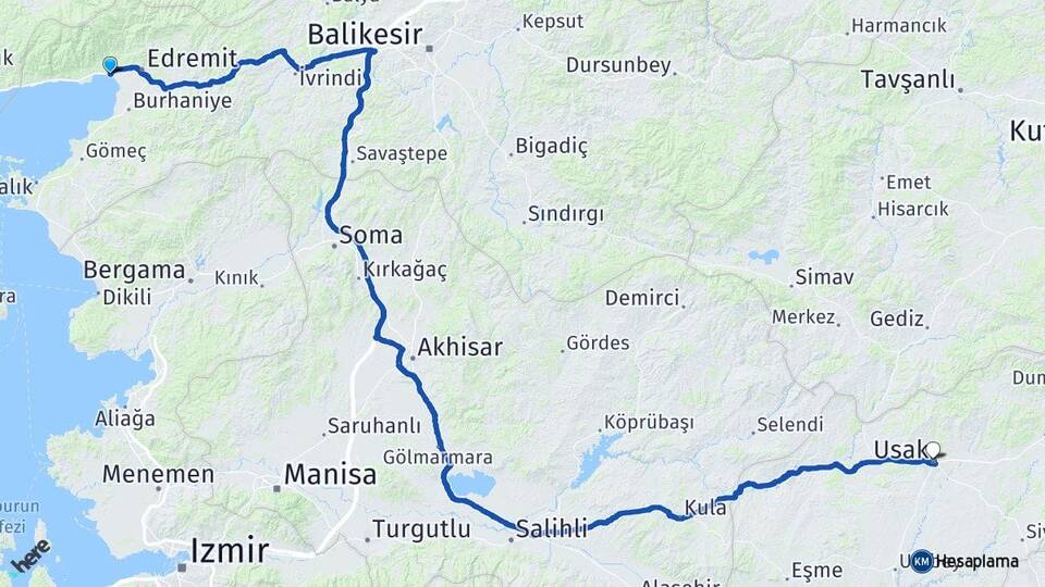 Balıkesir Edremit Akçay Uşak Arası Kaç Km - Yol Haritası