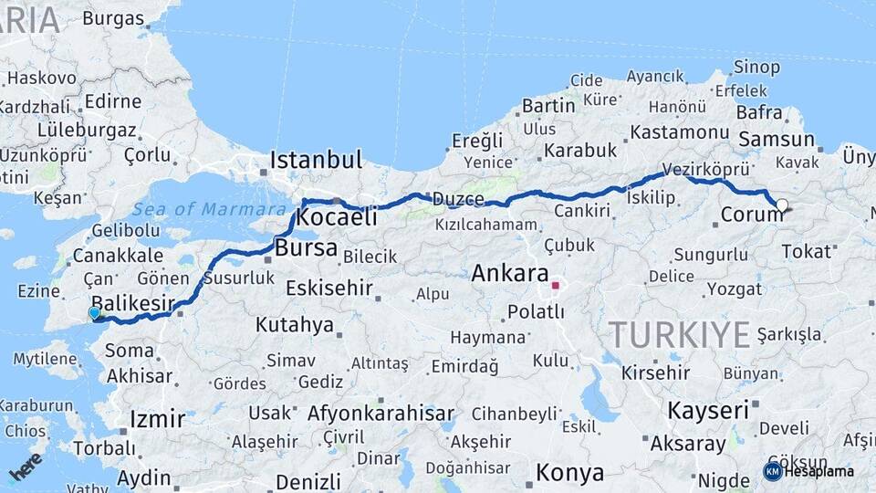 Balıkesir Edremit Altınoluk Amasya Arası Kaç Km - Yol Haritası